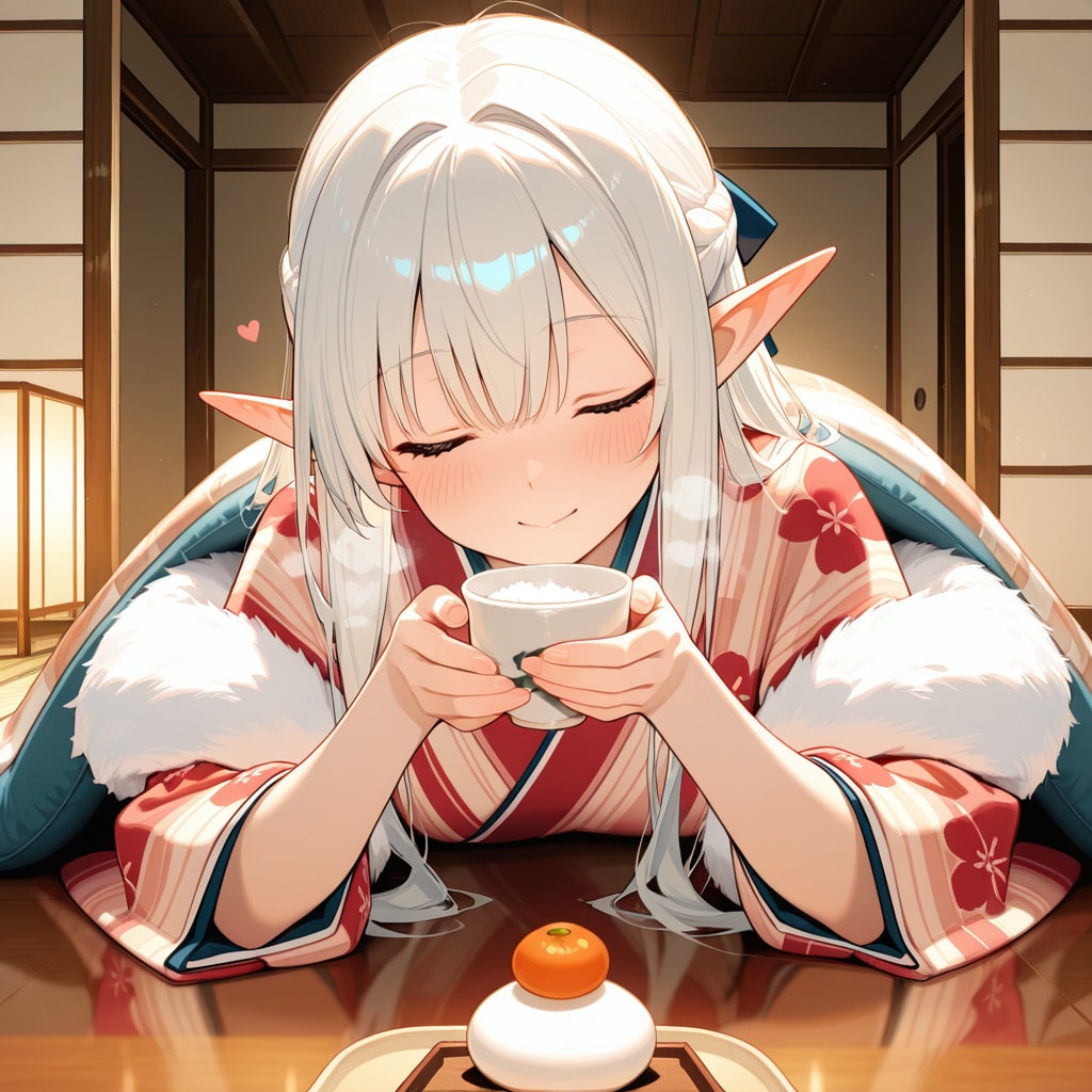甘酒を嗜むエルフの女の子