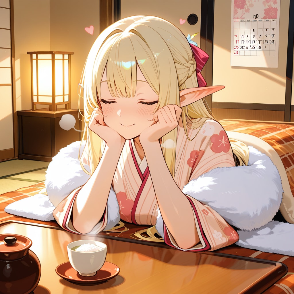 甘酒を嗜むエルフの女の子