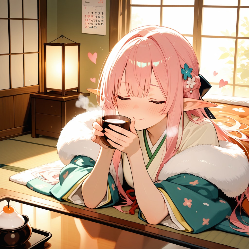 甘酒を嗜むエルフの女の子