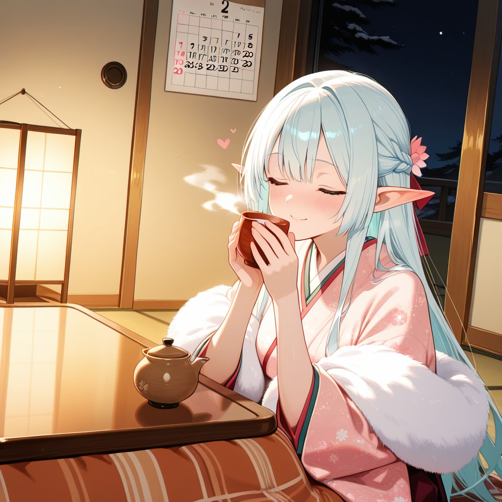 甘酒を嗜むエルフの女の子