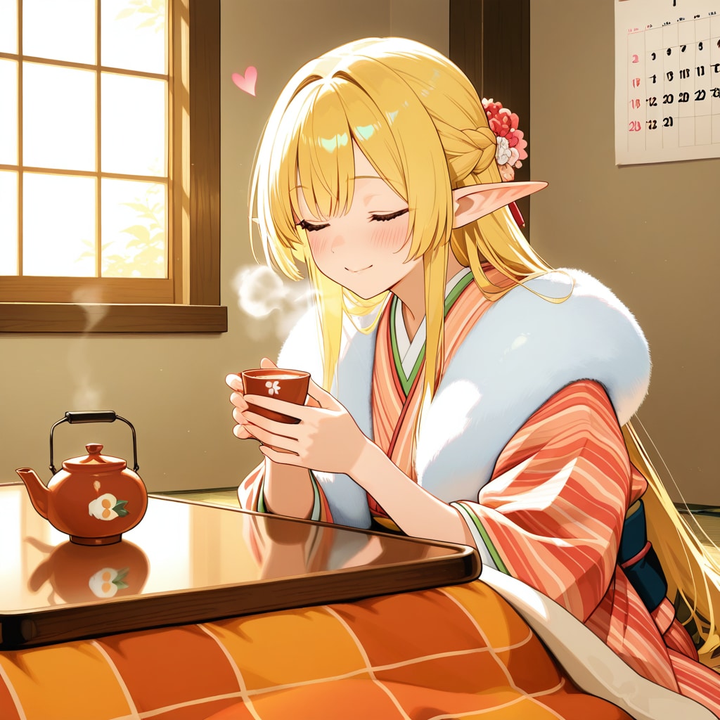 甘酒を嗜むエルフの女の子