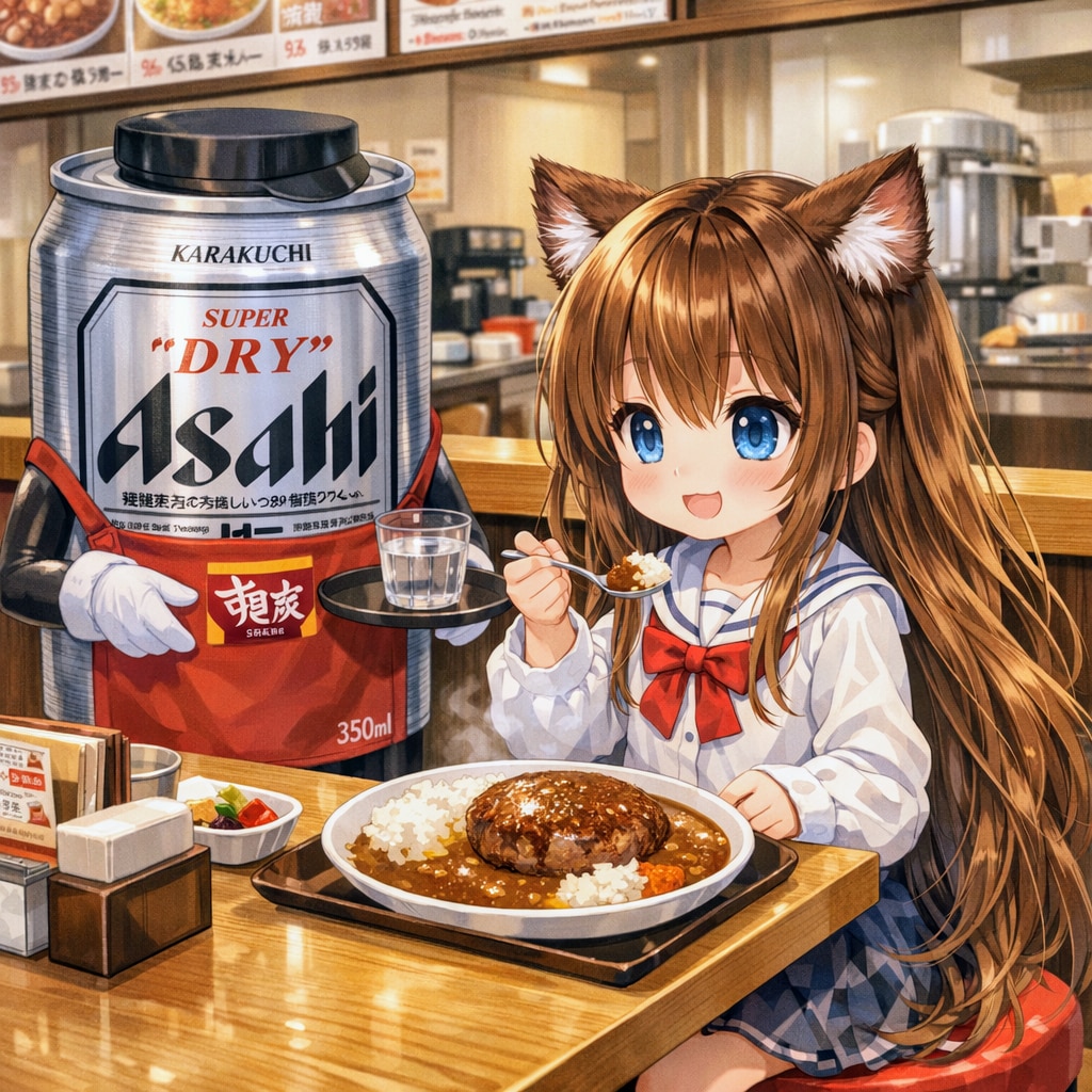 ハンバーグカレーを食べる小さな女の子