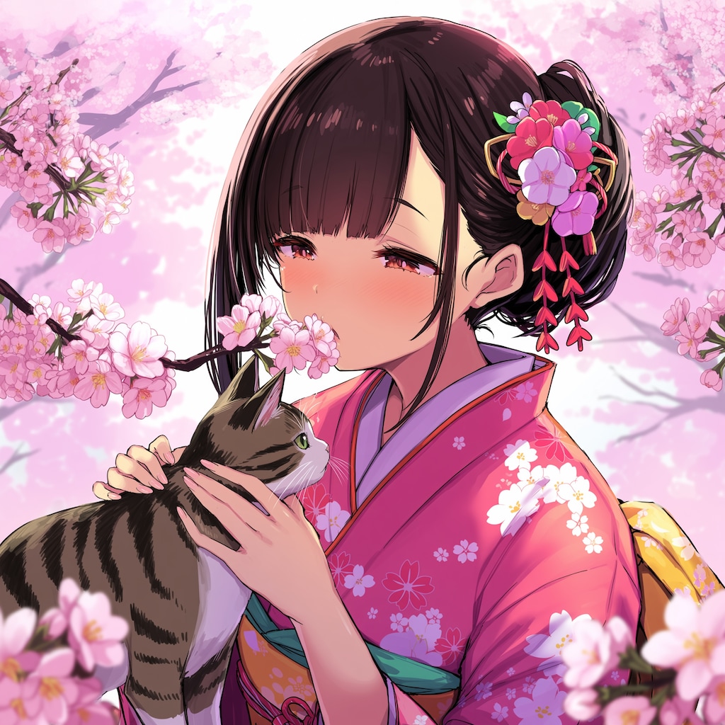 猫と着物の少女