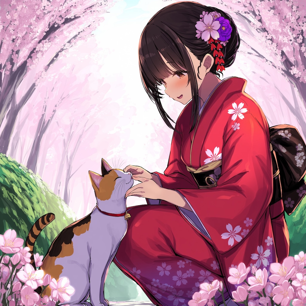 猫と着物の少女