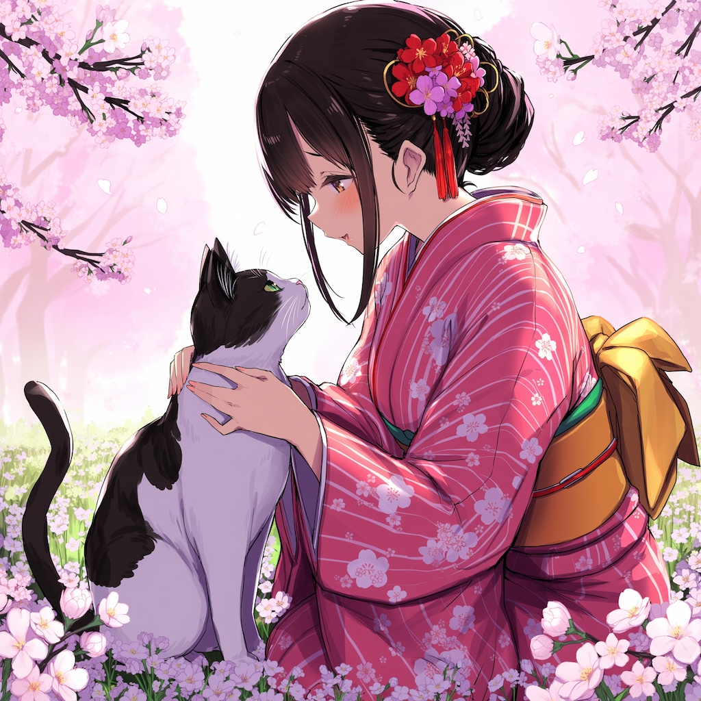 猫と着物の少女