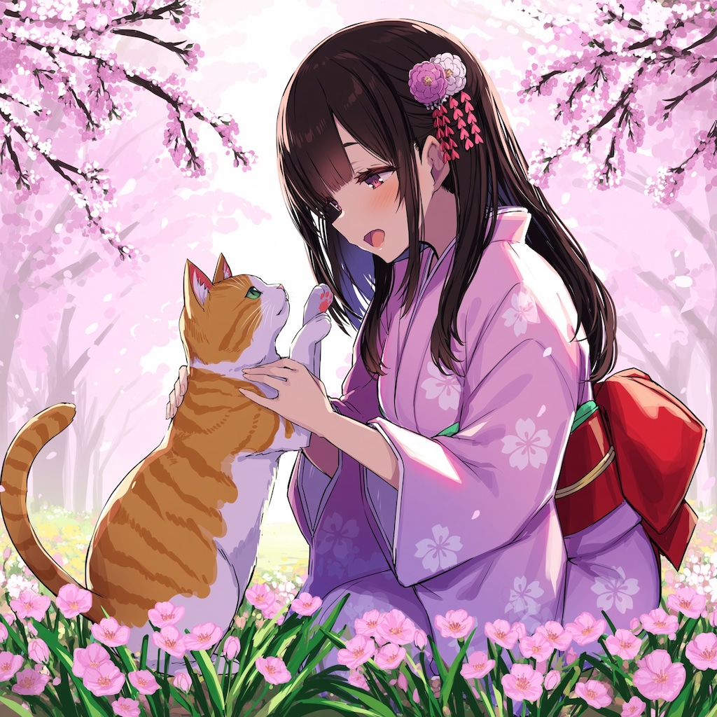 猫と着物の少女