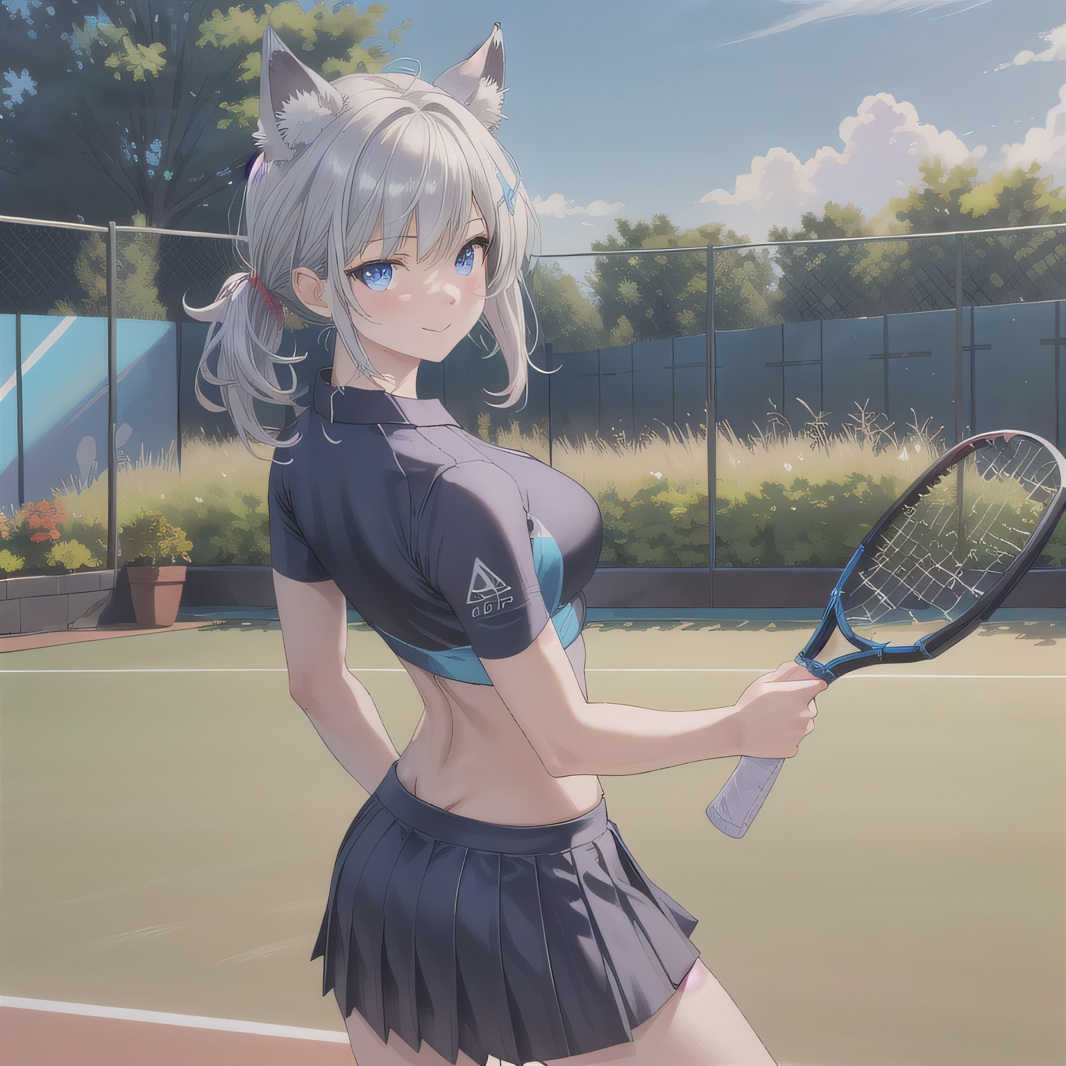 灰髪ポニテでテニスウェアの少女３ | の人気AIイラスト・グラビア