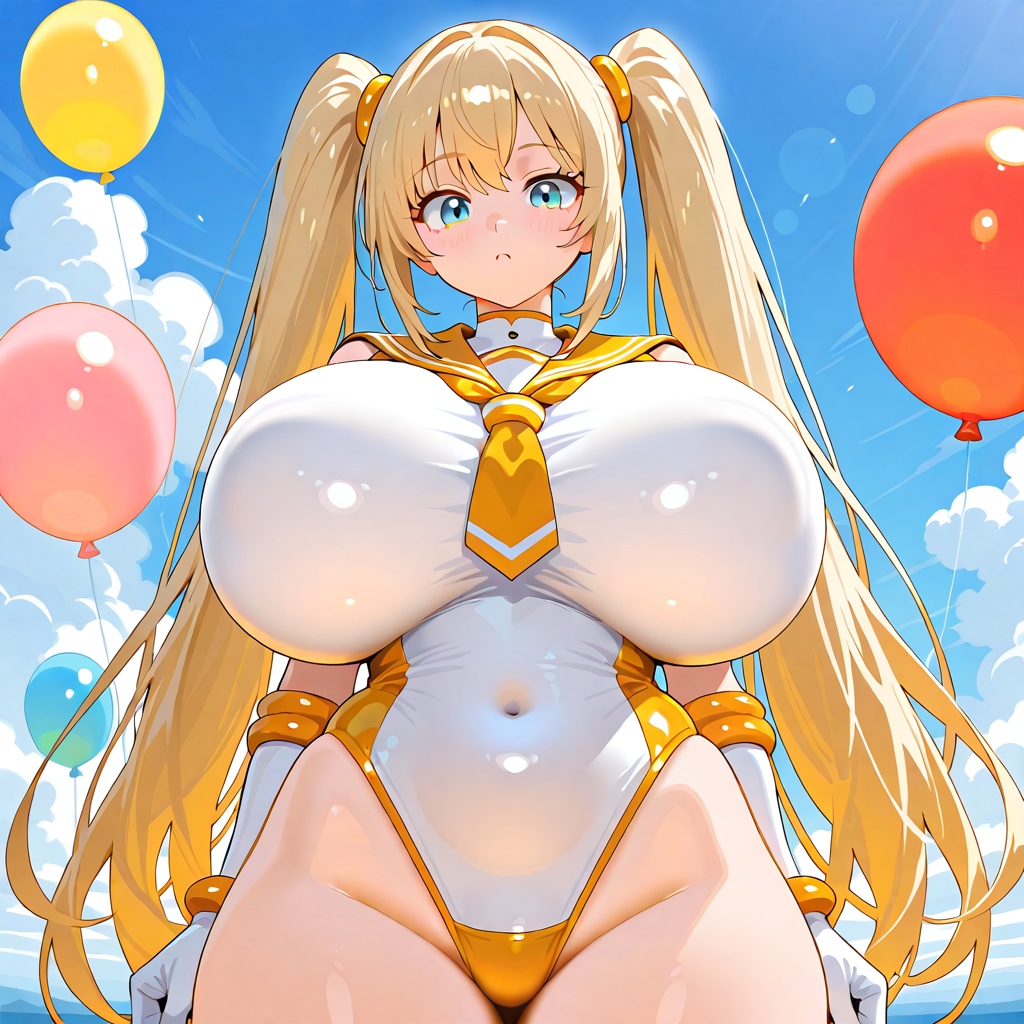 いっぱい色とりどりの風船を持つブロンドロングのセーラー服着た美少女