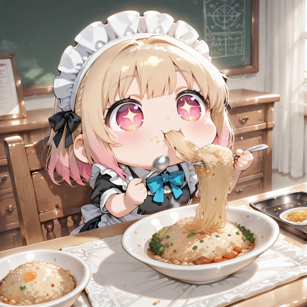 WHOLEのチャーハンを食べるメイドさん