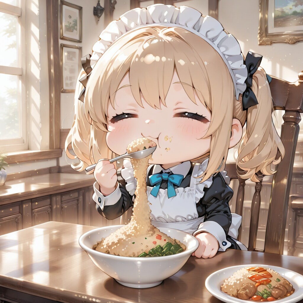 WHOLEのチャーハンを食べるメイドさん | の人気AIイラスト・グラビア