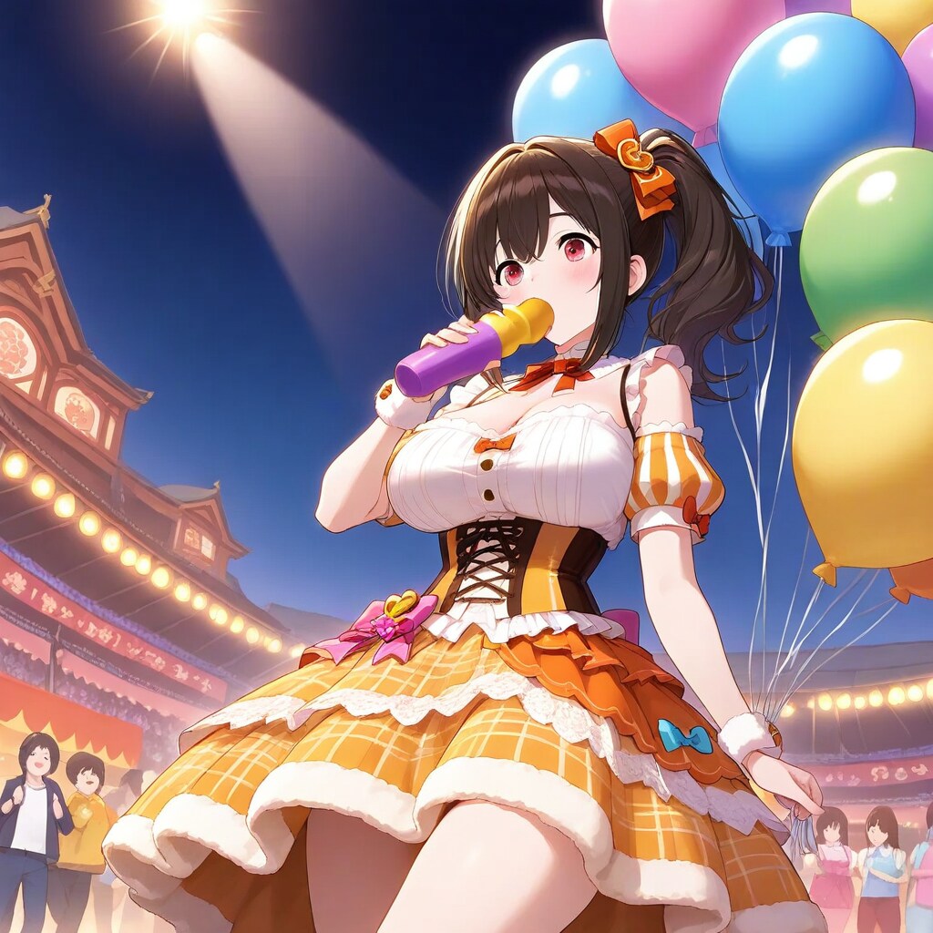 カーニバルで色とりどりの風船を膨らませて遊ぶカーニバル衣装の美女