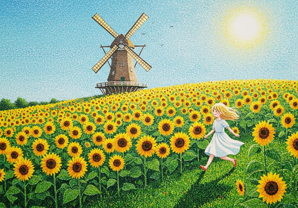 ヒマワリのある風景38・風車のある丘