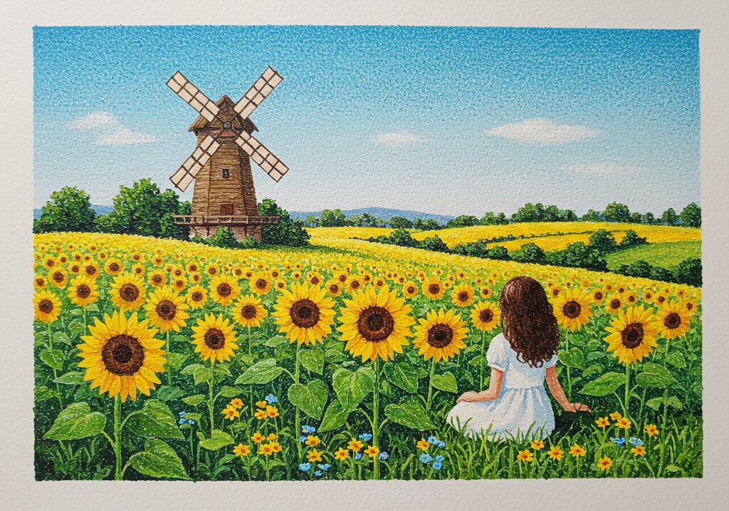 ヒマワリのある風景38・風車のある丘