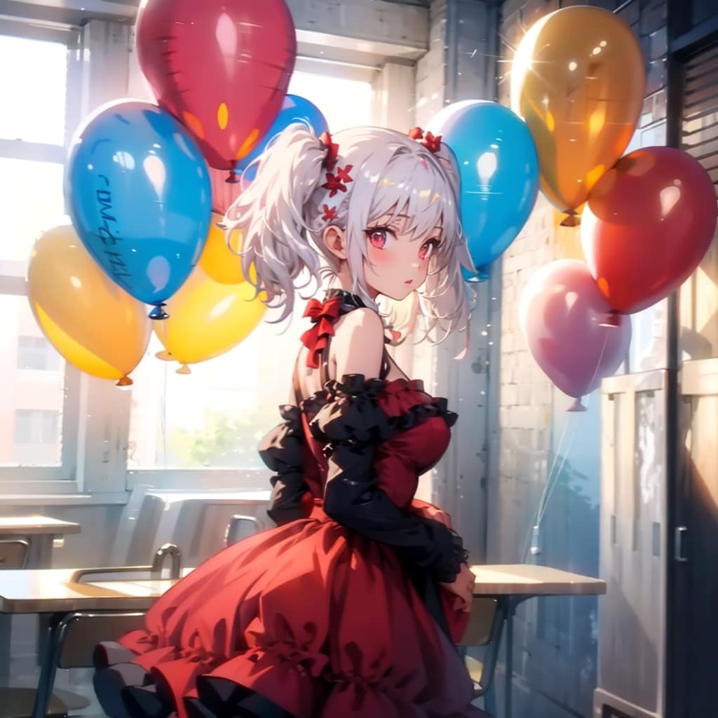 いっぱい色とりどりの風船を持つ白い髪ロングツインテールの赤いドレス着た美女