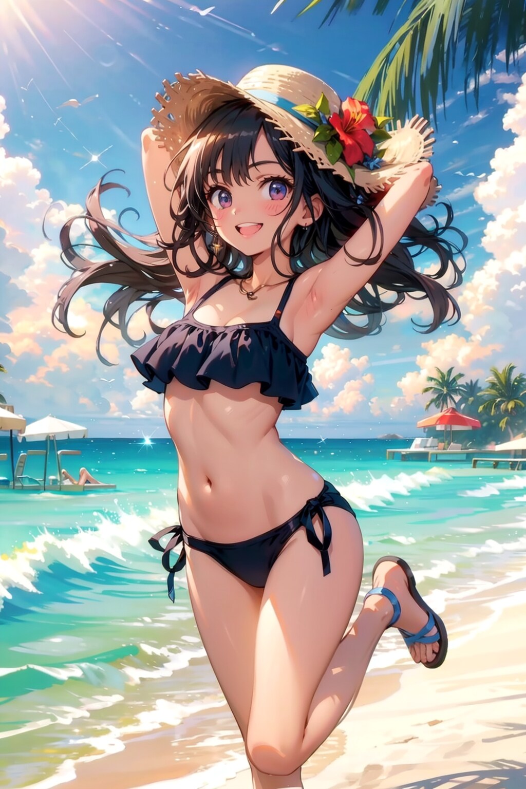 麦わら帽子と海辺