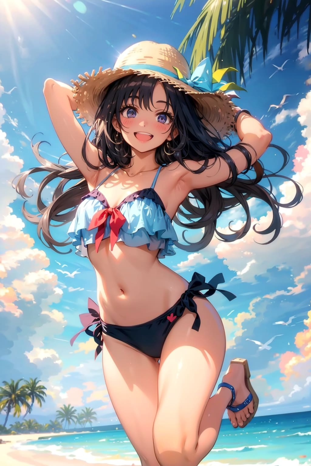 麦わら帽子と海辺
