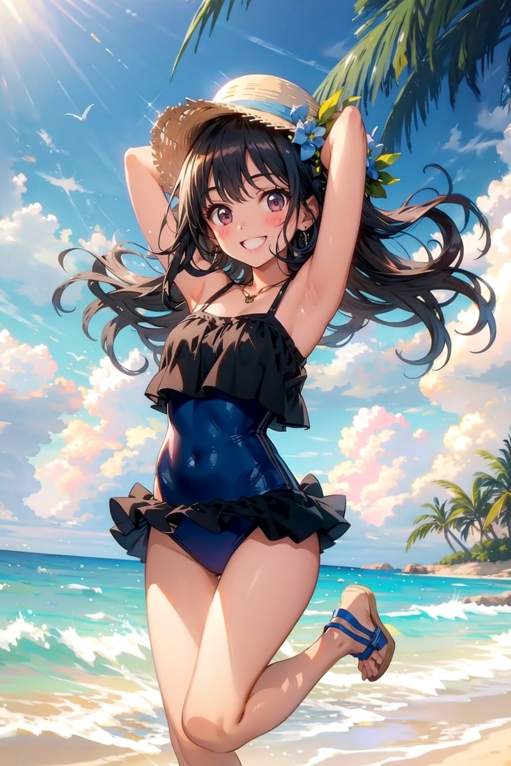 麦わら帽子と海辺