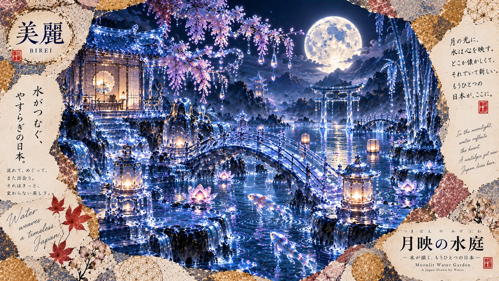 Moonlit Water Garden — A Japan Drawn by Water  In the moonlight, water reflects the heart.  Beneath | の人気AIイラスト・グラビア