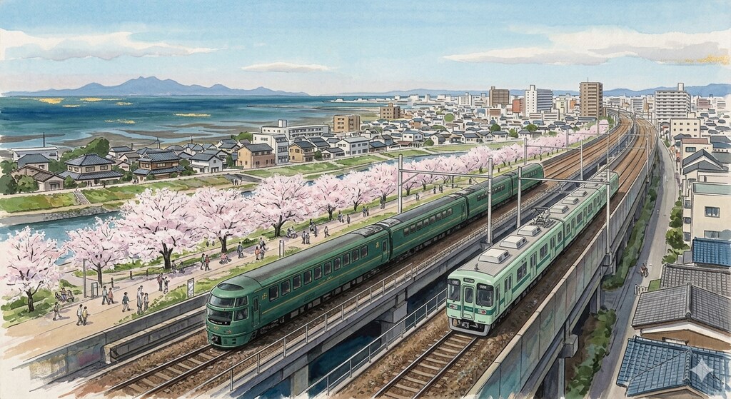 海が見える（筑紫平野春景色）