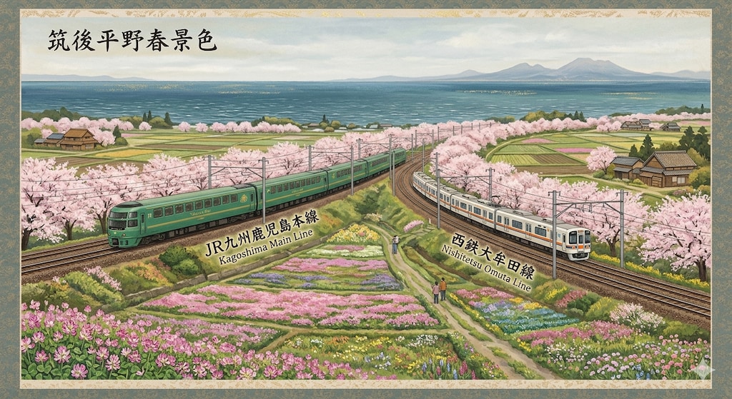 海が見える（筑紫平野春景色）