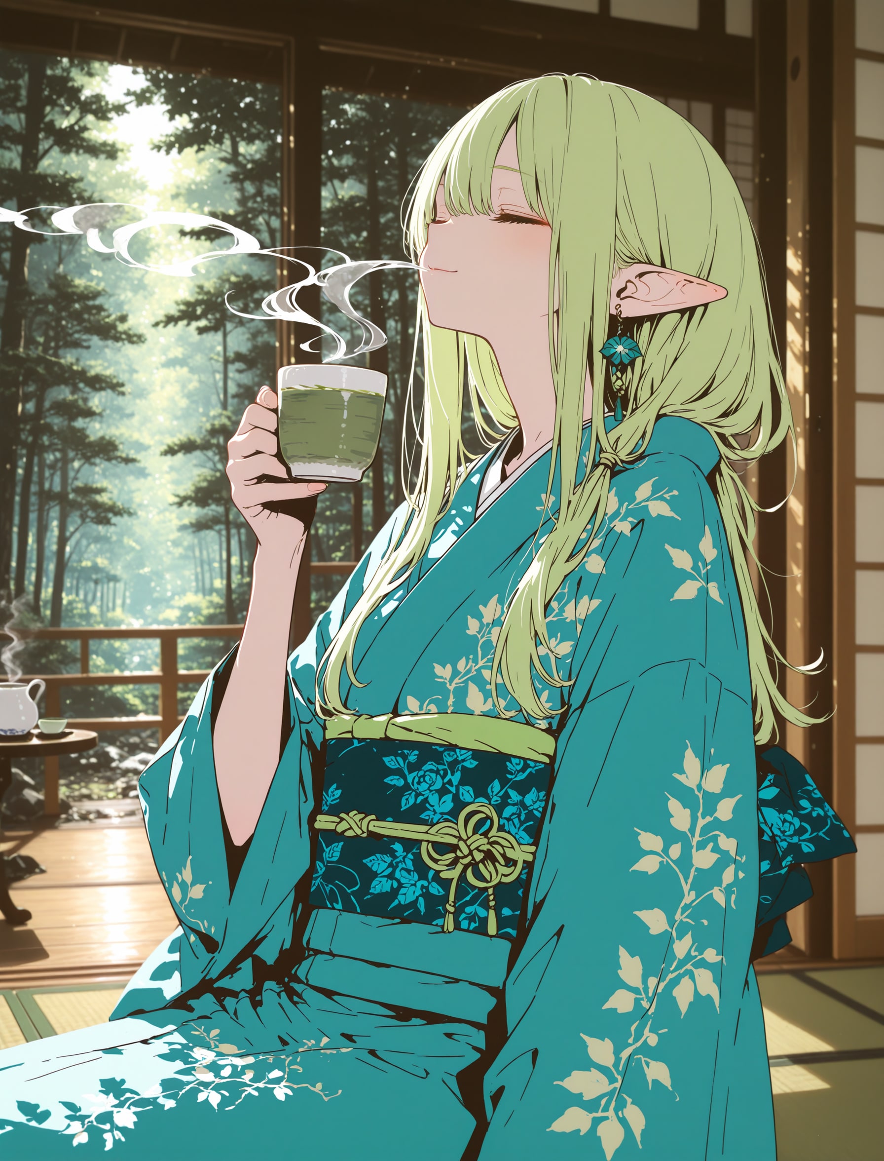 ほっと一息和服エルフさん | の人気AIイラスト・グラビア