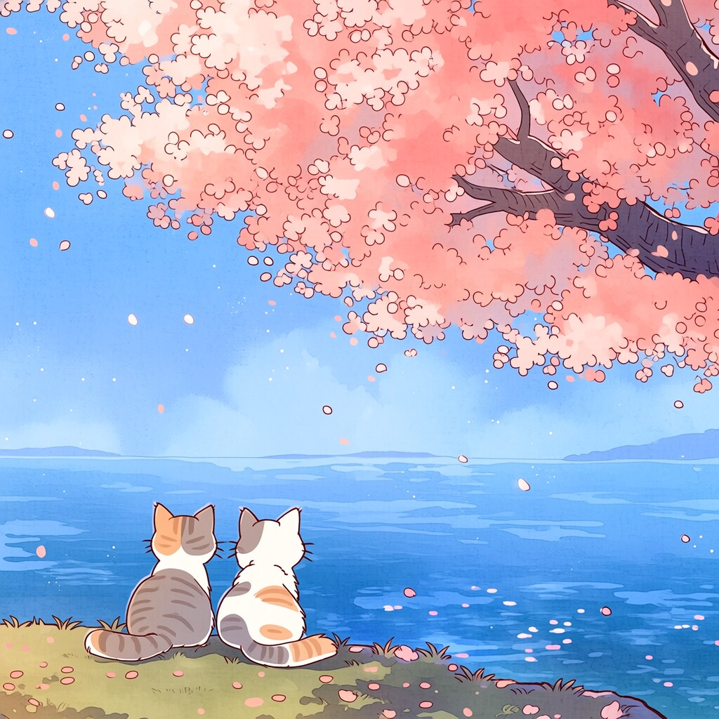 海と桜と猫