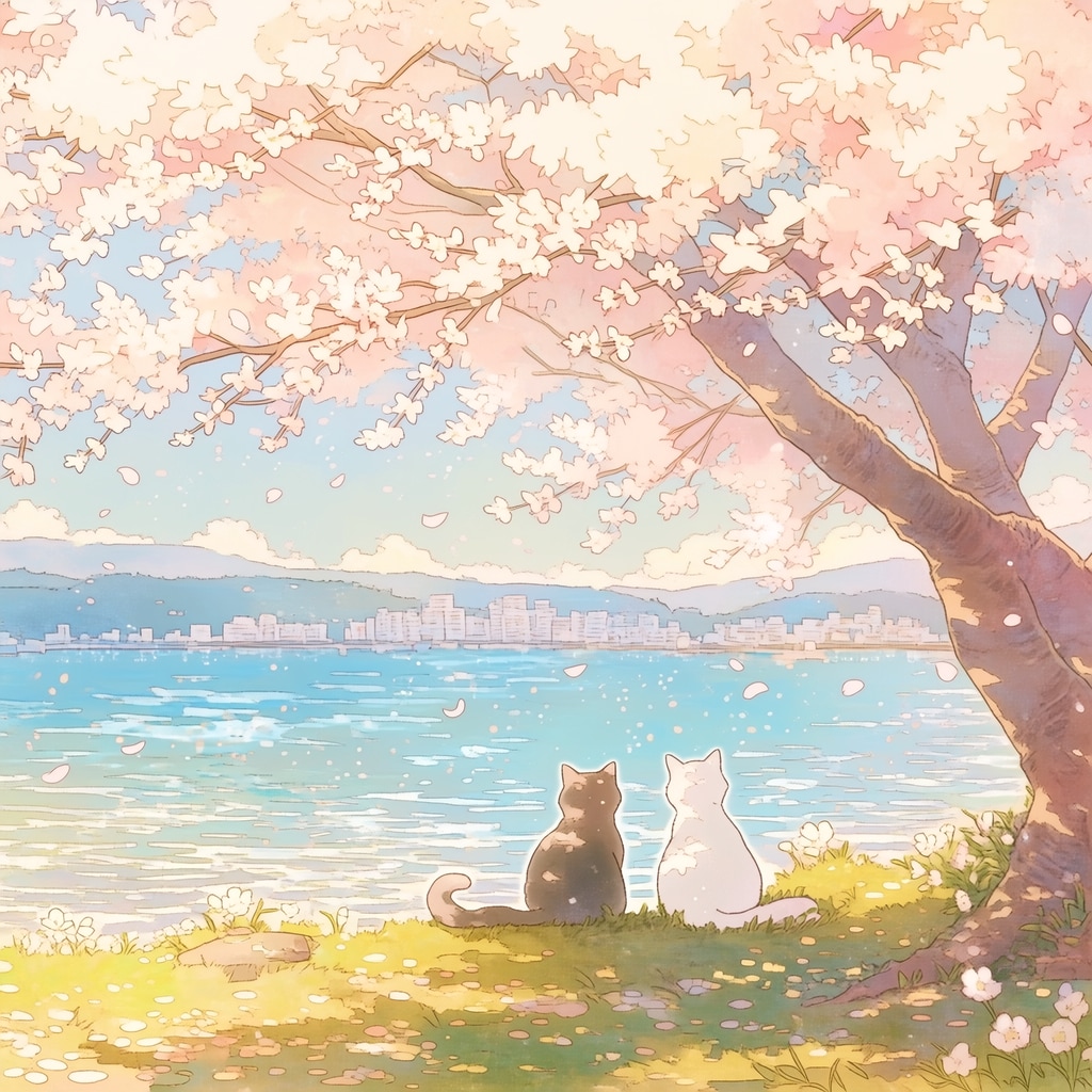 海と桜と猫