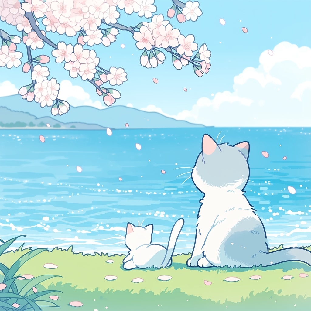 海と桜と猫