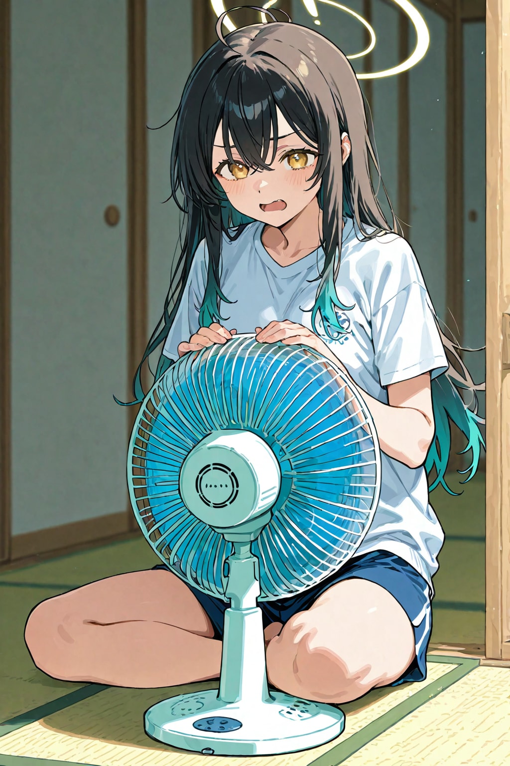 電動扇風機向かって「あ゛〜」をする少女 | の人気AIイラスト・グラビア