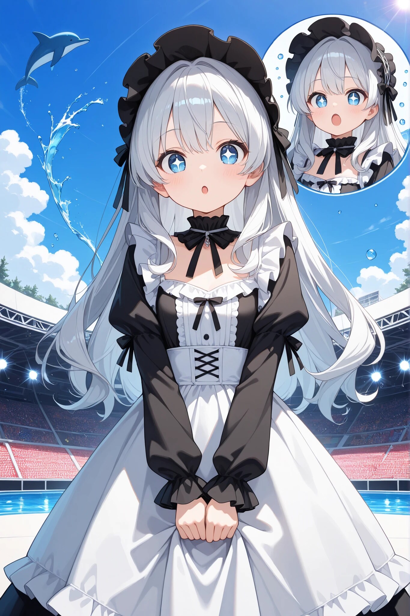 イルカショーに感動するお嬢様