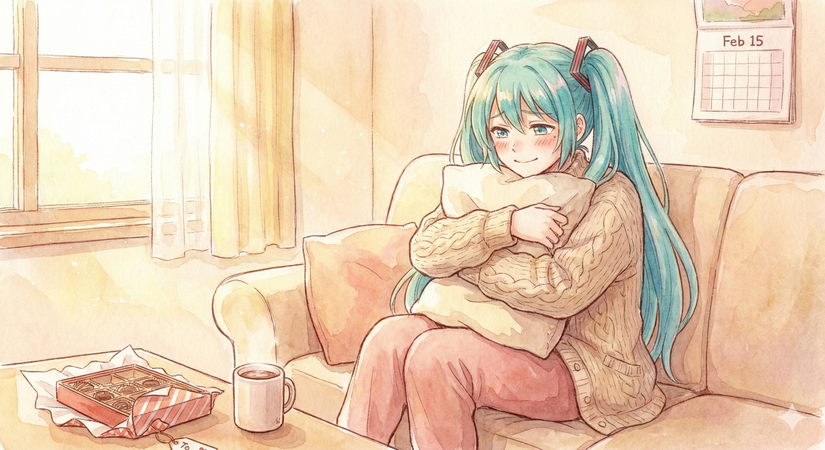 水彩画ミクさん　バレンタインの翌日、幸せな余韻の中で | の人気AIイラスト・グラビア