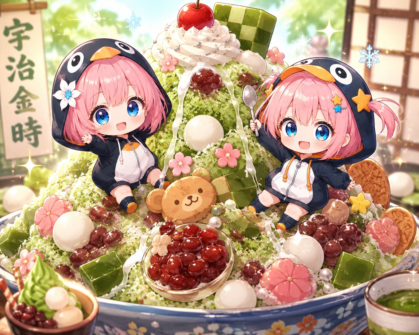 巨大な宇治金時の山に大興奮の2人(∩´∀`∩)💕
