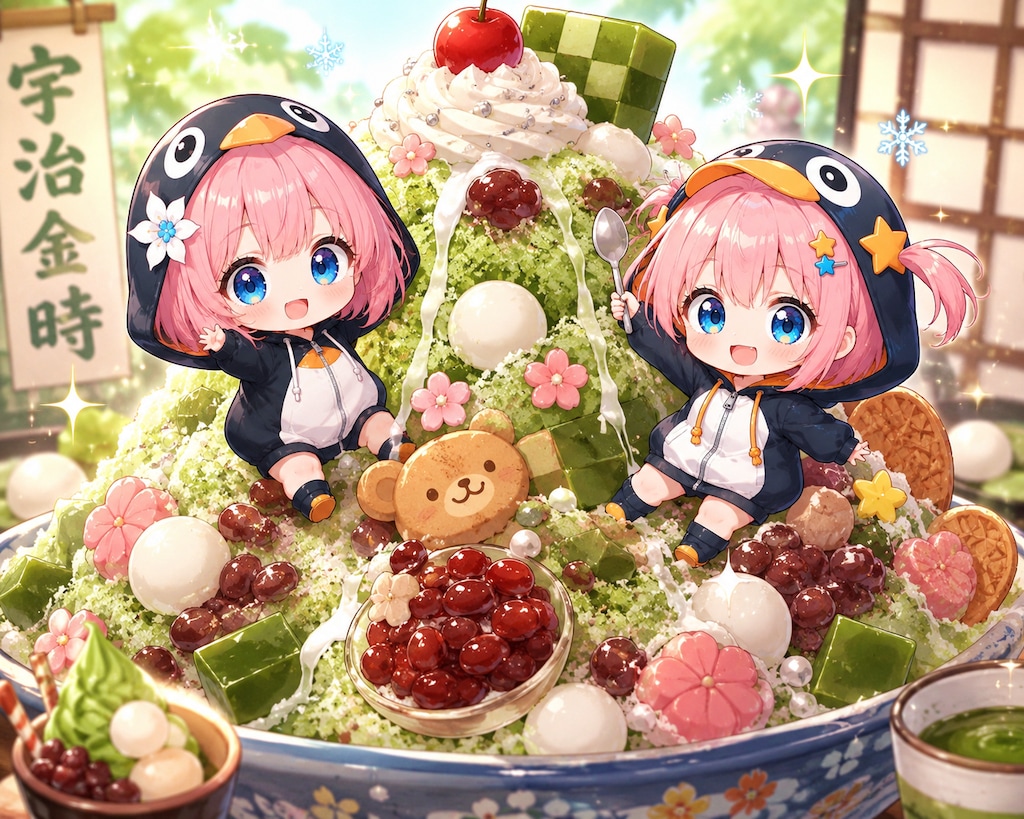 巨大な宇治金時の山に大興奮の2人(∩´∀`∩)💕