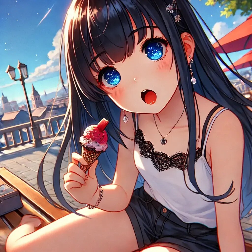 Dalleでアイスを食べる白キャミソールその2