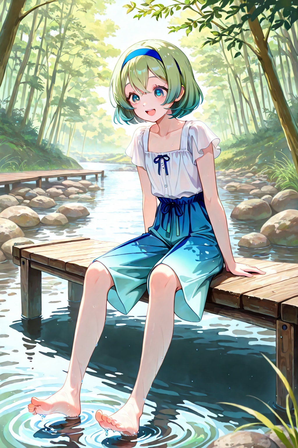 小川で涼む