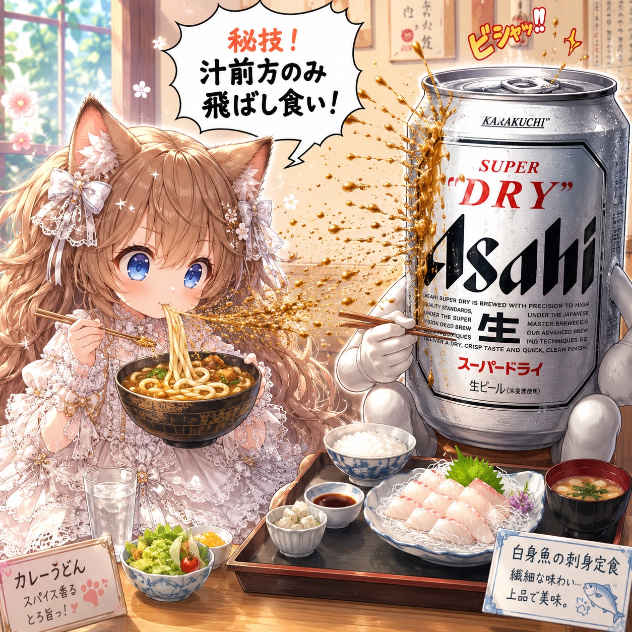 カレーうどんを汚さず食べる小さな女の子
