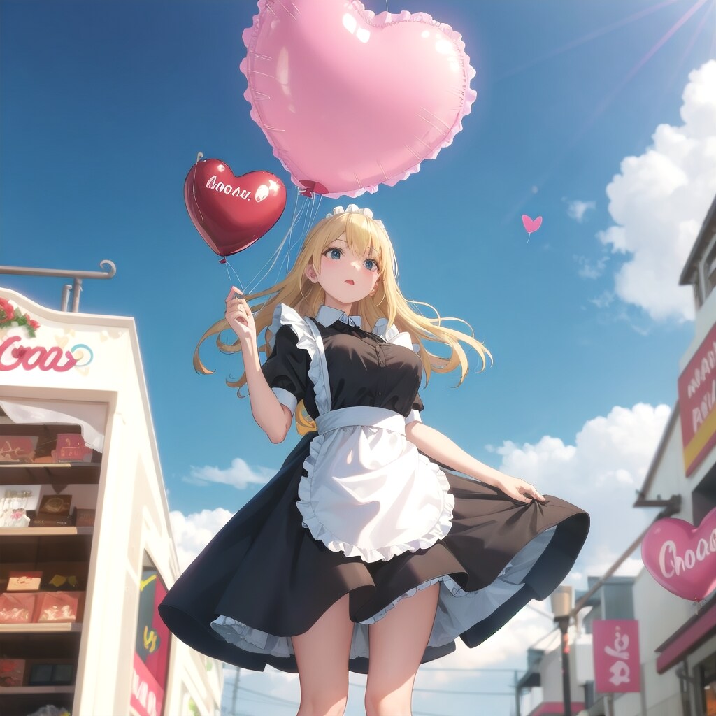 チョコレートショップの前でハート風船を膨らませて遊ぶブロンドのメイド服の美女