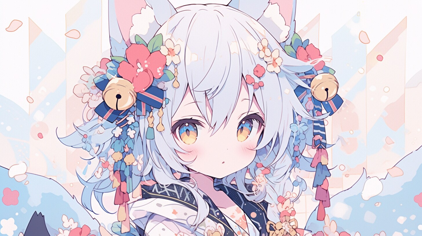 桜風に鈴が揺れる白猫少女の春