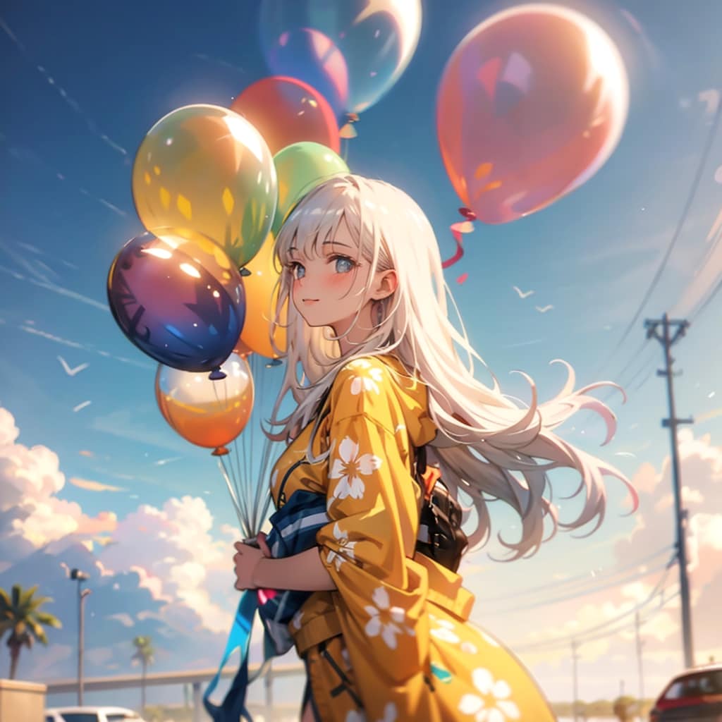 いっぱい色とりどりの風船を持つ白い髪ロングの黄色の着物着た美女