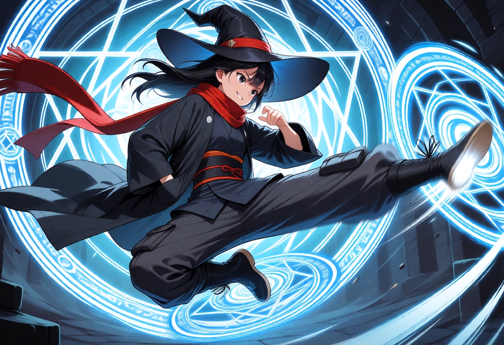 魔法陣を蹴り飛ばす魔女さん