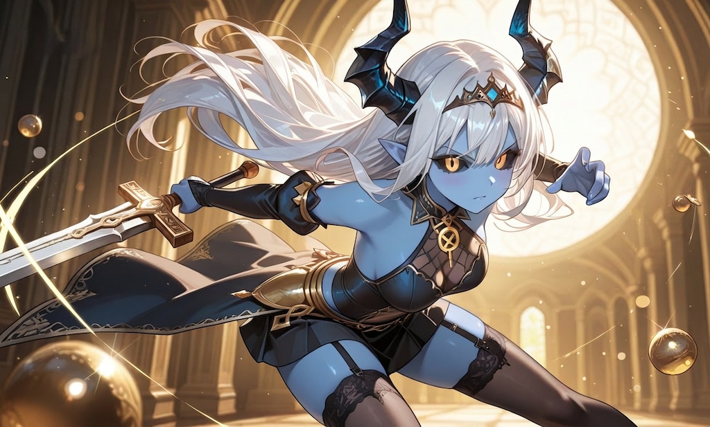 頑張って勇者と戦う魔族娘さん（この後敗北）