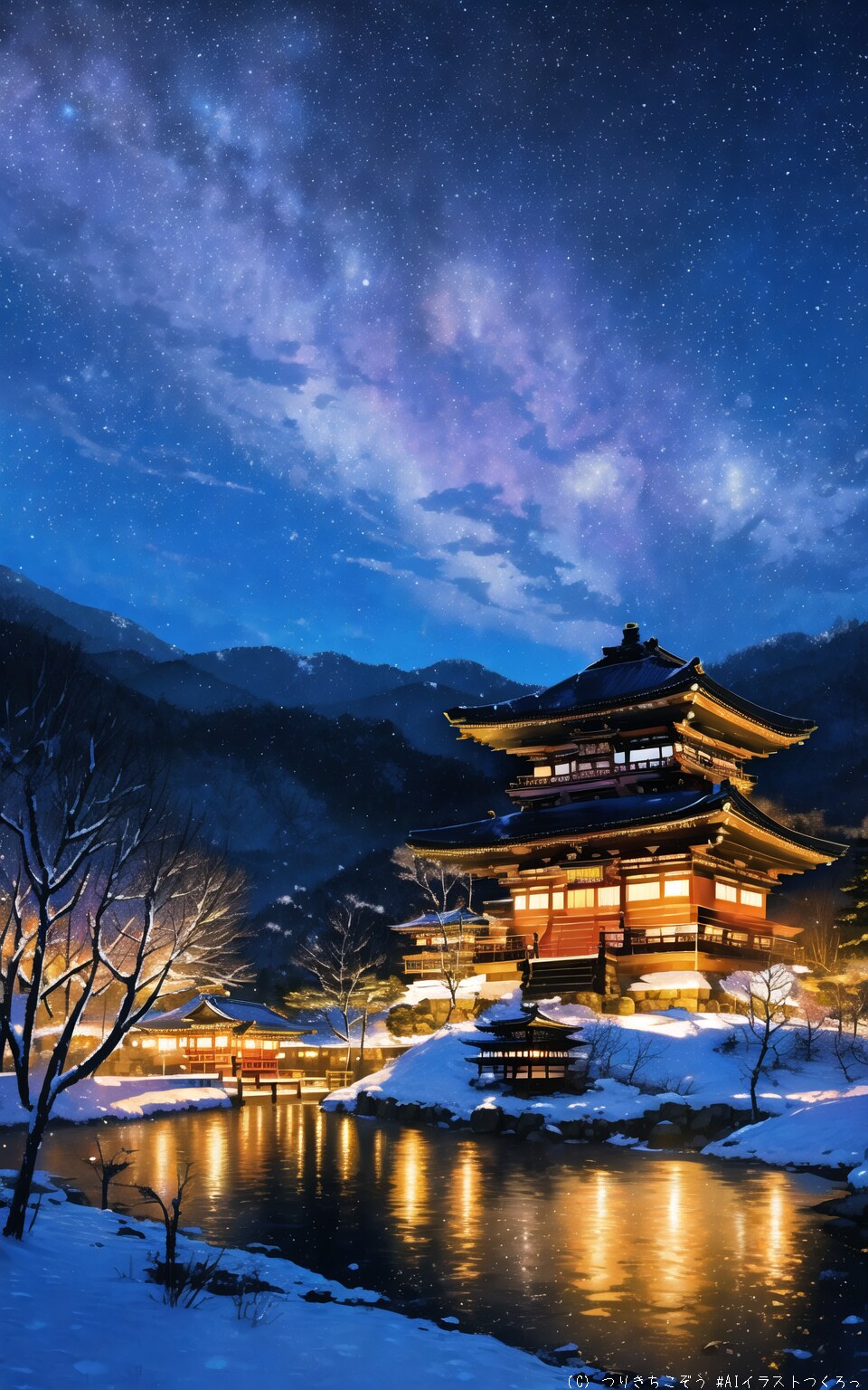 雪と星空の金閣寺