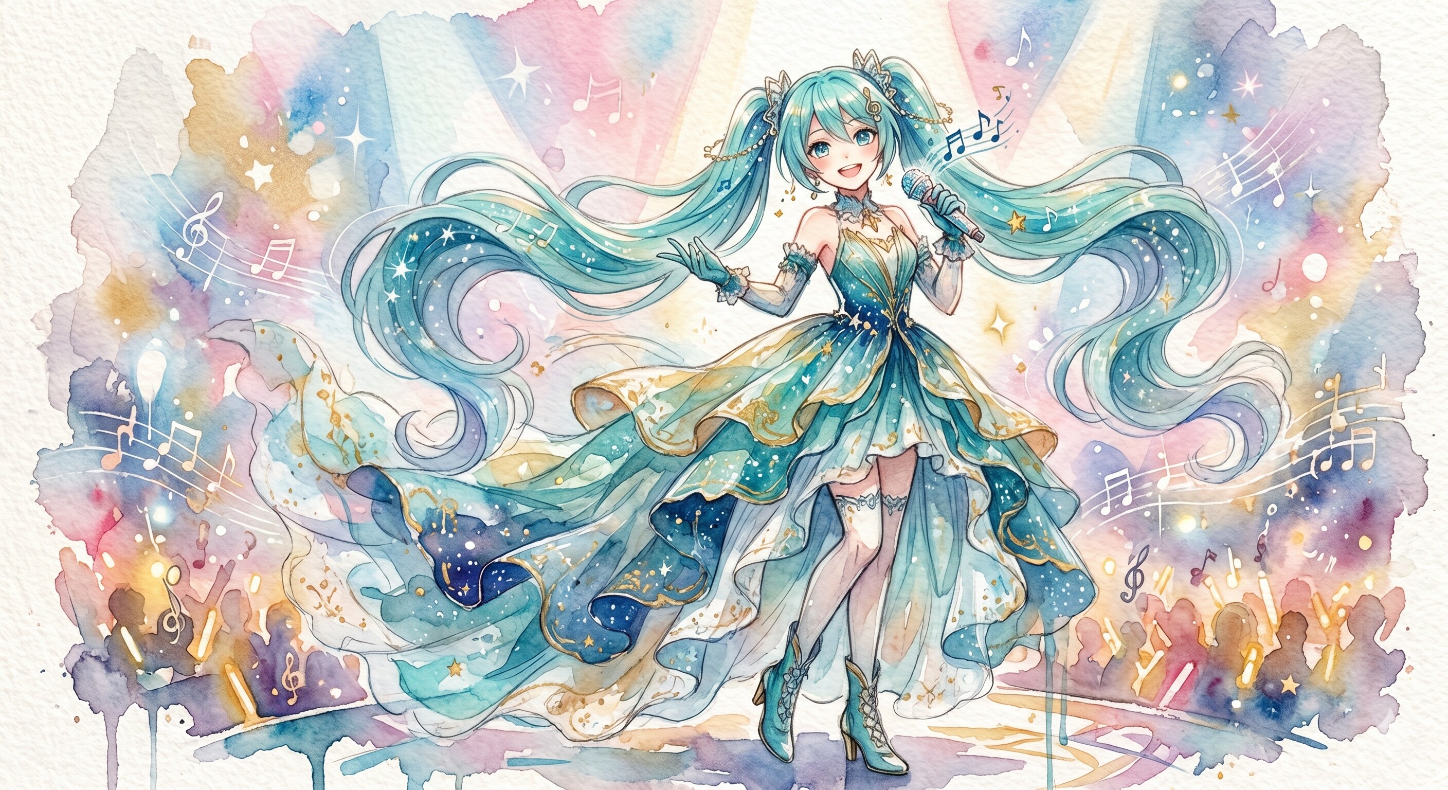 水彩画ミクさん　音符を纏ったステージドレス | の人気AIイラスト・グラビア