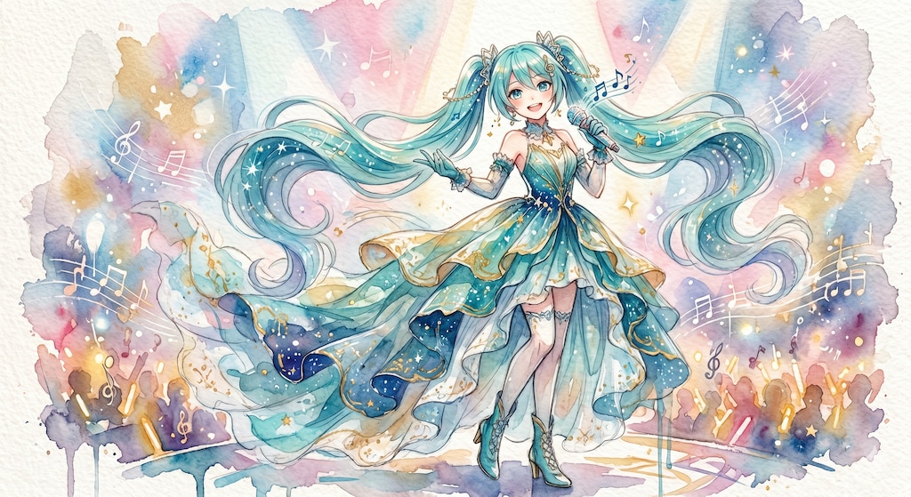 水彩画ミクさん　音符を纏ったステージドレス