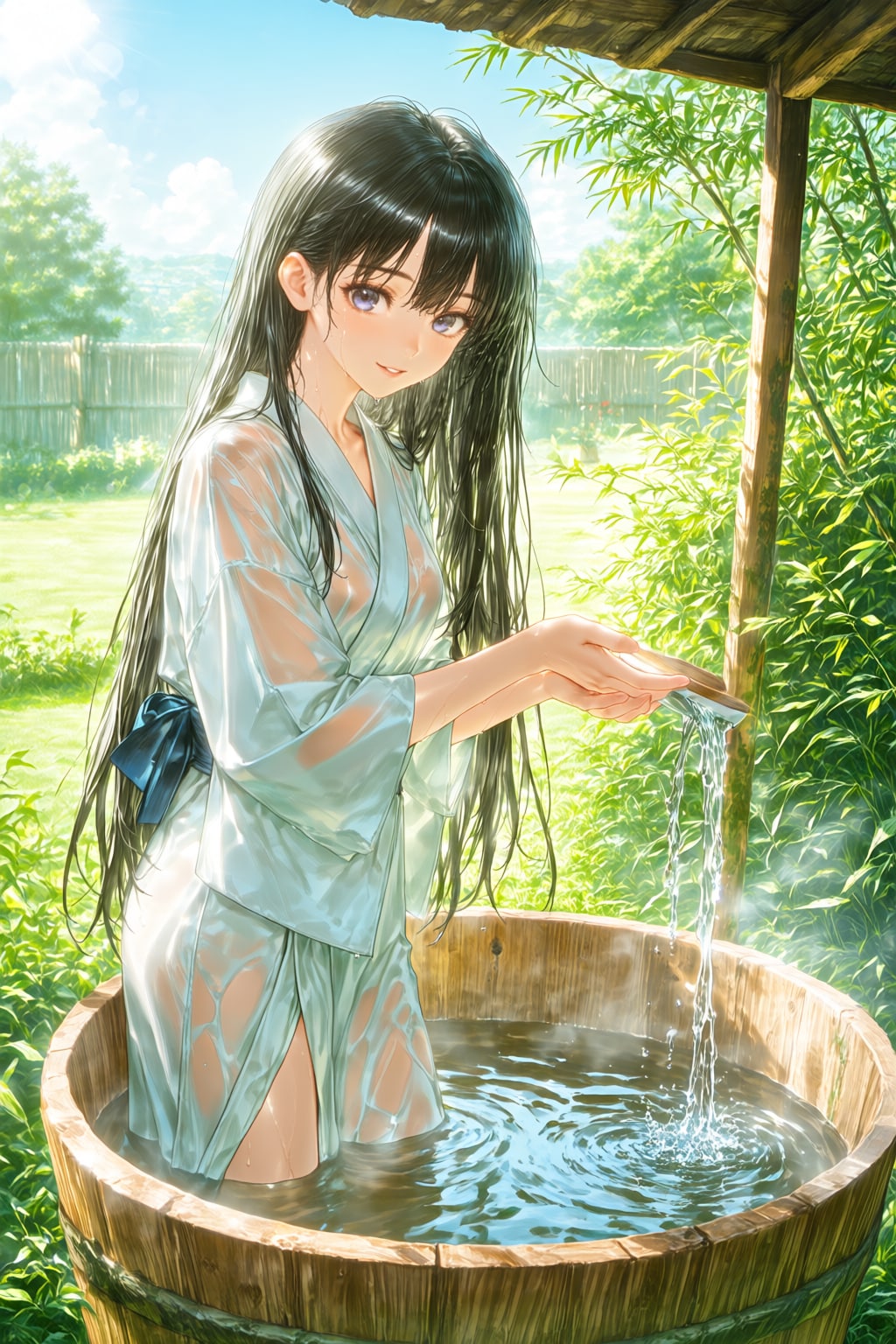 庭で湯あみ