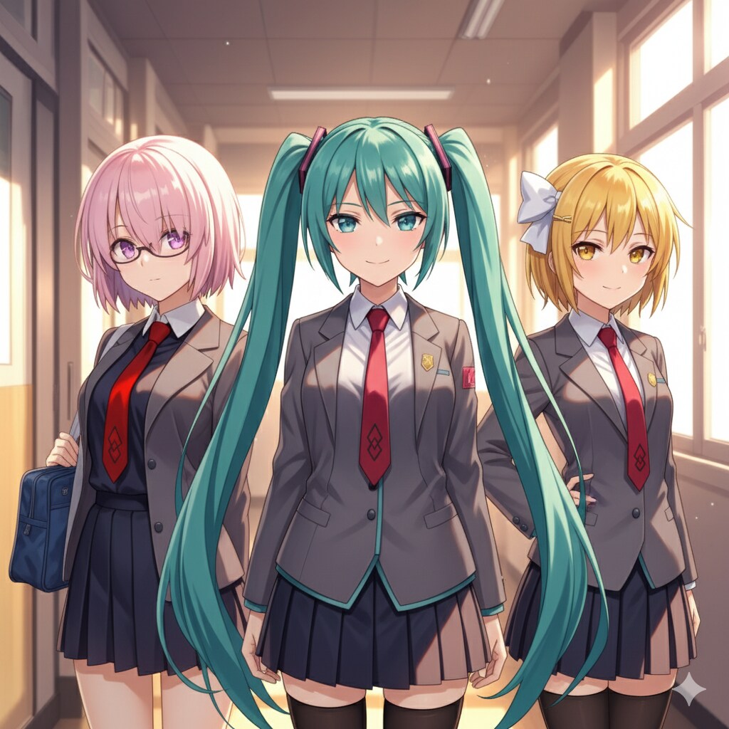 学校の廊下でカメラ目線