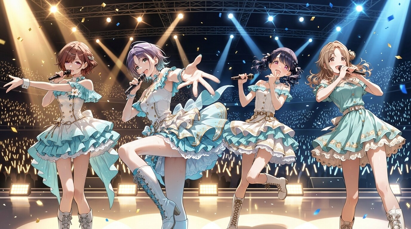 お試し生成【ノクチル　４人でステージに立つ】横長画像