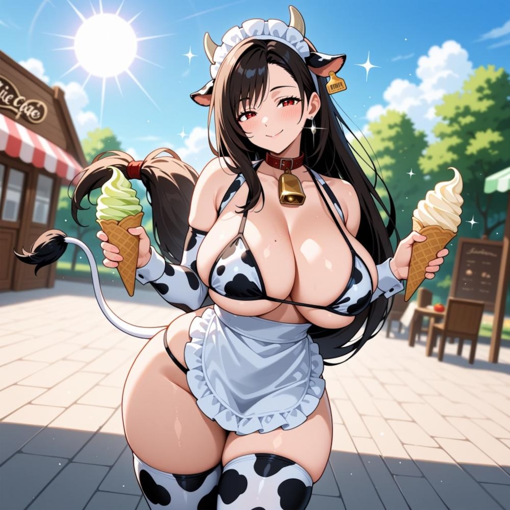 ソフトクリーム屋牛メイドコスプレ人妻＆水彩フルーツソフト