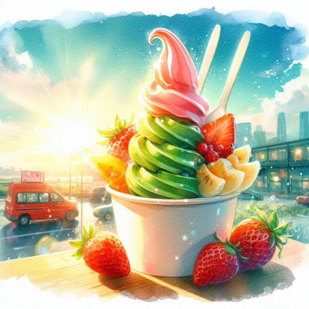 ソフトクリーム屋牛メイドコスプレ人妻＆水彩フルーツソフト