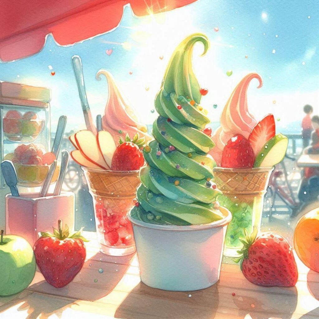 ソフトクリーム屋牛メイドコスプレ人妻＆水彩フルーツソフト